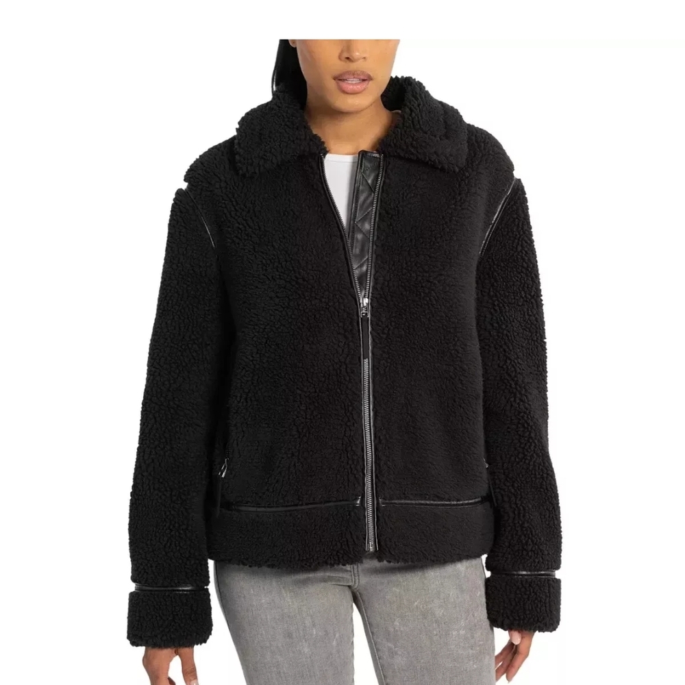 NWT BEARPAW Black Moto Shearling Sherpa With Faux Leather Jacket X-SMALL XS